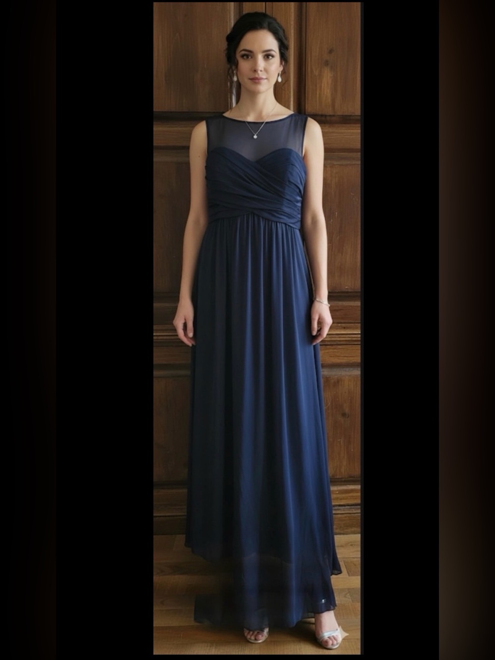 David’s Bridal Girls Navy Blue Ruched Illusion Neckline Maxi Dress Sz 16 - Picture 5 of 6
